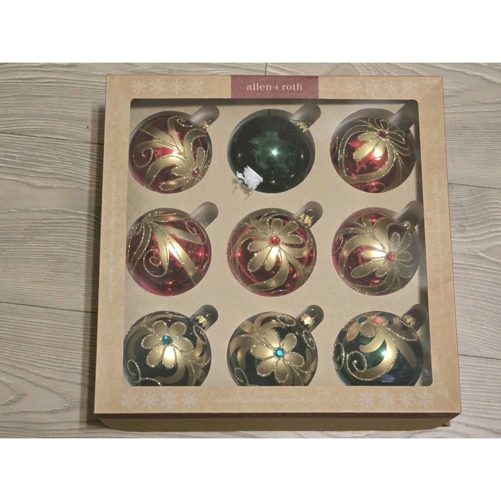 Allen + Roth Glass Christmas Ornaments Handmade in Poland Set Of 9‎ Gold Red
